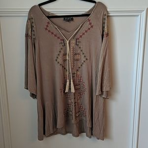 Klutch  3/4 sleeve embroidered Tan Dress,  Medium